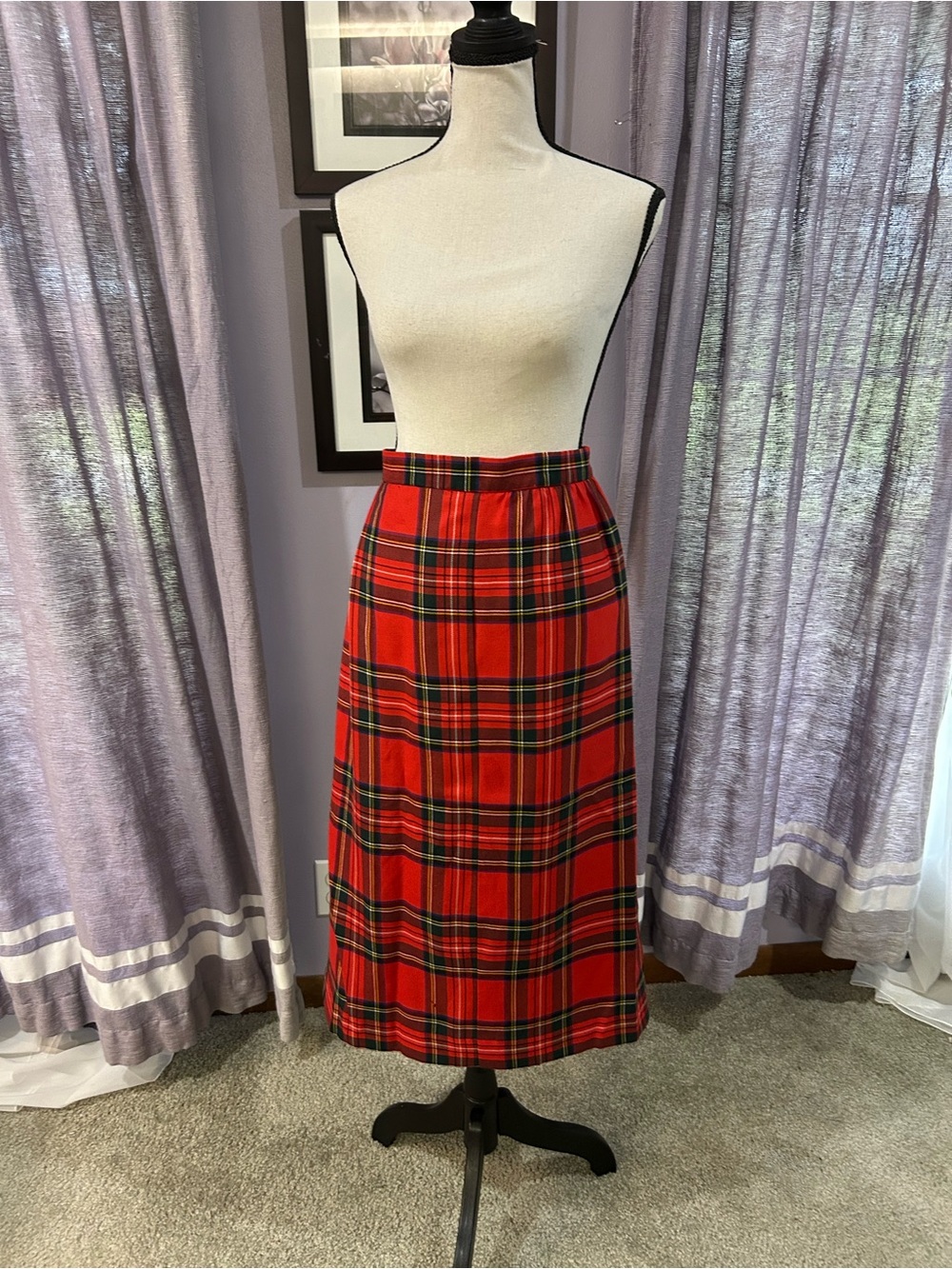 Vintage Lands End Wool Tartan Plaid Midi Skirt